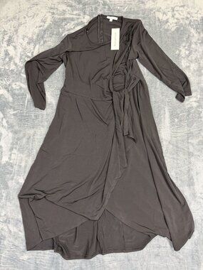 Notations Womens Long-Sleeve Black Faux Wrap Dress With Asymmetrical Hem L NWT